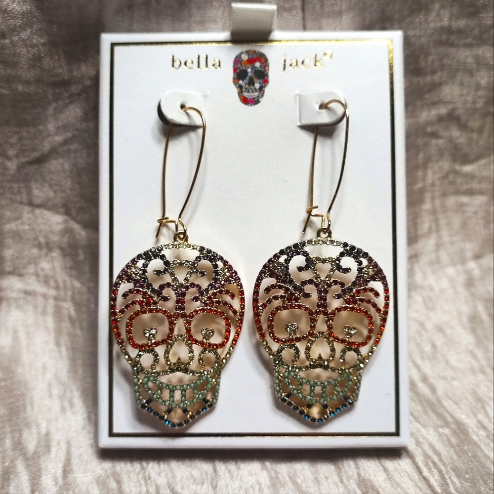 Bella Jack Sugar Skull Vibrant Multi Rhinestone Earrings NIB Day of the Dead NEW